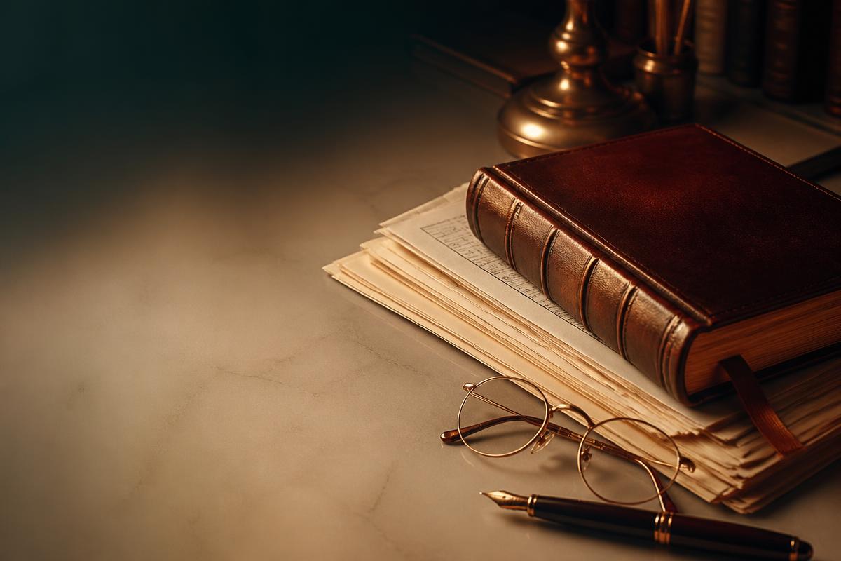Leather-bound ledger and audit papers on an ivory desk