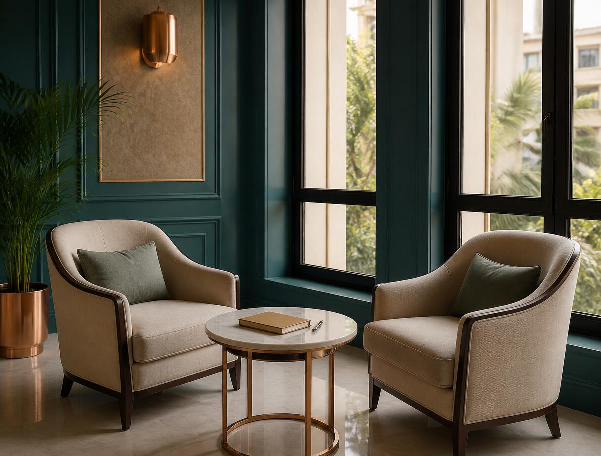 Two armchairs and a consultation table in a deep teal office