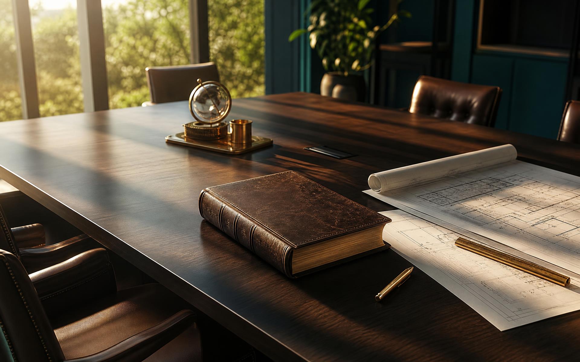 Leather-bound ledger and architectural plans on a boardroom table