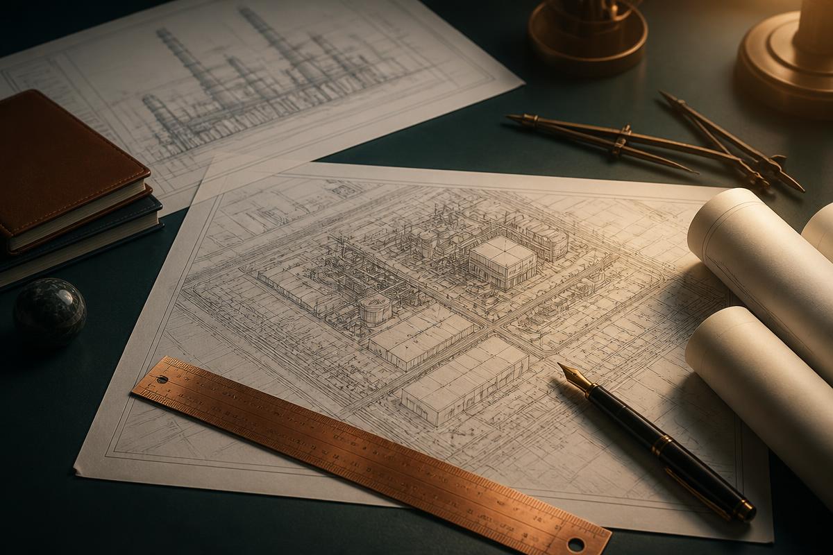 Industrial plans, copper ruler and fountain pen on a deep teal desk