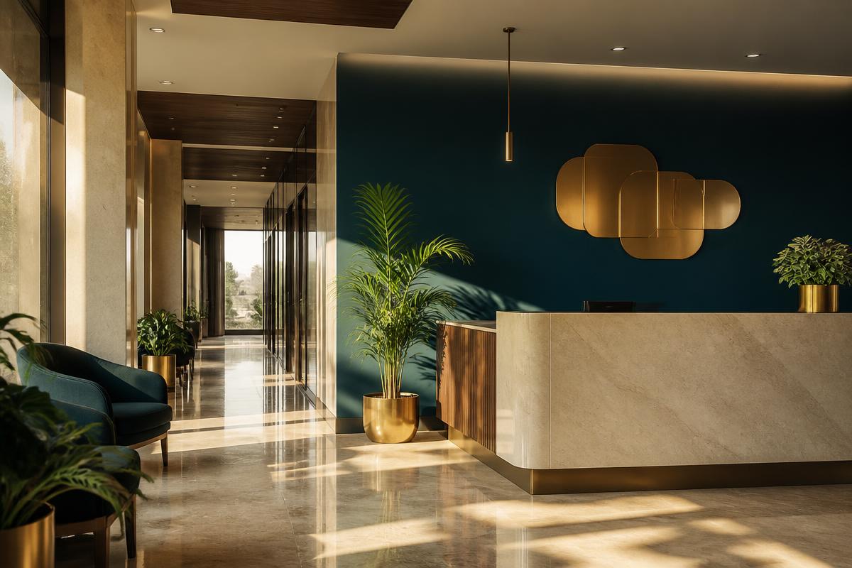 Modern office reception with deep teal wall and warm copper details